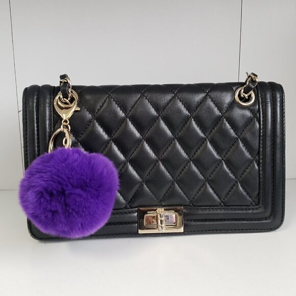 Genuine Rex Rabbit Fur PomPom Keychain Purse Charm Dark Purple - Picture 3 of 4